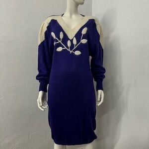 Vintage V-Neck Purple and Cream Knit Sweater Dress